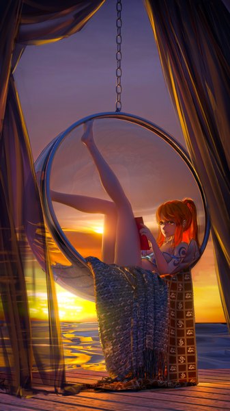 Anime picture 1080x1920 with one piece toei animation nami (one piece) m.mikasa single long hair tall image fringe breasts holding payot looking away sky full body bent knee (knees) ponytail barefoot orange hair orange eyes tattoo