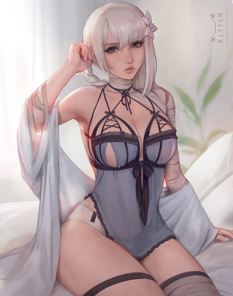 Anime picture 3184x4050 with nier kaine (nier) daria leonova single long hair tall image looking at viewer fringe highres breasts light erotic hair between eyes large breasts sitting brown eyes signed payot absurdres white hair indoors