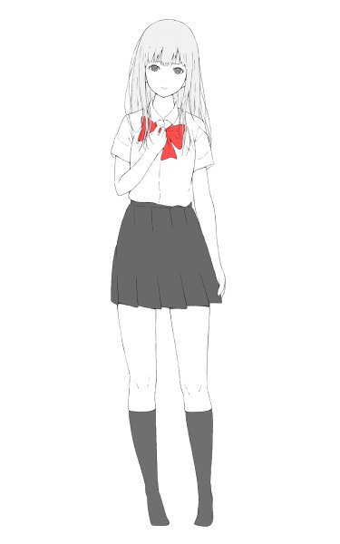 Anime picture 750x1200 with original natuich single long hair tall image looking at viewer fringe standing white background pleated skirt monochrome spot color girl skirt uniform bow school uniform shirt socks bowtie