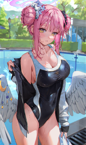 Anime picture 2000x3367 with blue archive mika (blue archive) kellymonica02 single tall image looking at viewer blush fringe highres short hair breasts light erotic large breasts standing holding yellow eyes pink hair sky cleavage outdoors