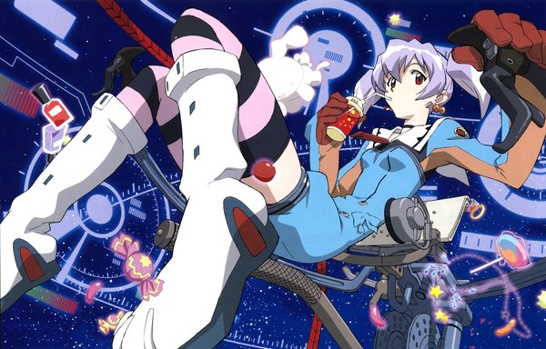 Anime picture 3451x2211 with top wo nerae 2! diebuster gunbuster tycho science single highres short hair red eyes twintails purple hair scan striped girl thighhighs earrings food sweets star (stars) jewelry striped thighhighs drink