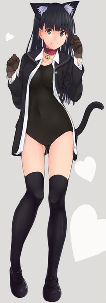 Anime picture 1353x3834 with amagami ayatsuji tsukasa santa (sunflower) single long hair tall image looking at viewer light erotic black hair animal ears black eyes cat ears cat girl cat tail girl thighhighs gloves black thighhighs swimsuit bell