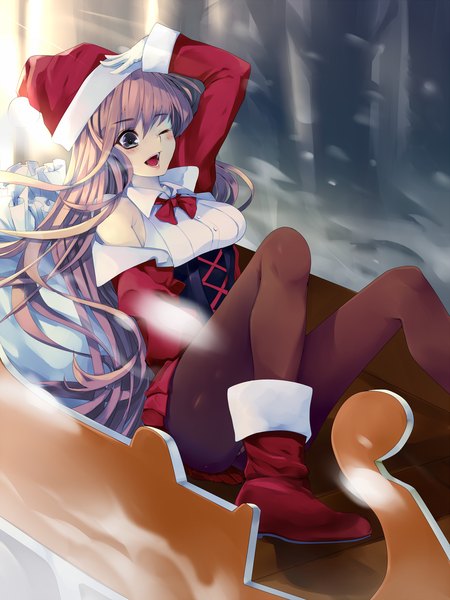 Anime picture 1500x2000 with original settyaro single long hair tall image open mouth brown hair green eyes one eye closed wink girl pantyhose boots santa claus hat