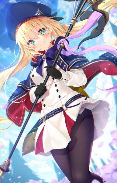 Anime picture 770x1200 with fate (series) fate/grand order artoria pendragon (all) artoria caster (fate) yano mitsuki single long hair tall image looking at viewer blush fringe blonde hair smile hair between eyes standing twintails holding payot sky cloud (clouds)