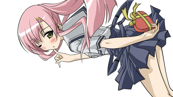 Anime picture 4000x2250 with hayate no gotoku! katsura hinagiku single long hair looking at viewer blush highres light erotic wide image yellow eyes pink hair absurdres one eye closed wink finger to mouth transparent background vector valentine girl skirt