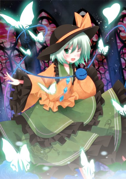 Anime picture 1748x2480 with touhou komeiji koishi kurono yuzuko single tall image blush highres short hair open mouth smile green eyes one eye closed green hair wink girl bow hat insect butterfly