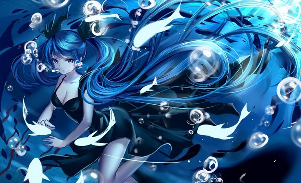 Anime picture 880x536 with vocaloid shinkai shoujo (vocaloid) hatsune miku quingyuege single looking at viewer blue eyes wide image twintails blue hair bent knee (knees) very long hair underwater girl dress ribbon (ribbons) hair ribbon animal black dress sundress