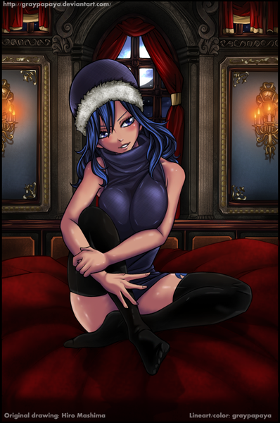 Anime picture 680x1024 with fairy tail juvia lockser graypapaya single long hair tall image blush blue eyes light erotic smile blue hair tattoo coloring girl thighhighs black thighhighs curtains cap candle (candles)