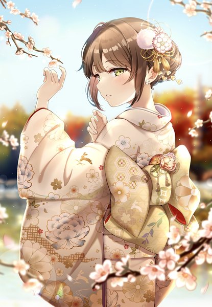 Anime picture 1385x2000 with original hisao 0111 single tall image looking at viewer short hair brown hair green eyes upper body outdoors traditional clothes japanese clothes looking back plum blossoms girl hair ornament flower (flowers) kimono obi branch