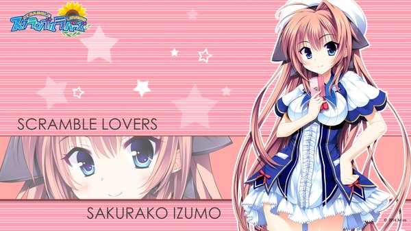 Anime picture 1920x1080 with scramble lovers izumo sakurako single looking at viewer blush fringe highres blue eyes smile brown hair wide image very long hair inscription official art wallpaper hand on hip hieroglyph girl uniform school uniform