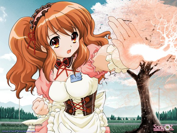 Anime picture 1600x1200 with suzumiya haruhi no yuutsu kyoto animation asahina mikuru sanyok774 single looking at viewer brown hair brown eyes signed sky ponytail maid wallpaper third-party edit electricity girl uniform plant (plants) tree (trees)