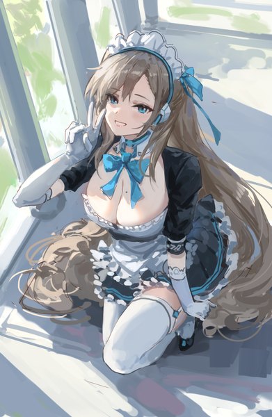 Anime picture 1720x2640 with blue archive asuna (blue archive) meinoss single tall image highres breasts light erotic smile brown hair large breasts cleavage very long hair from above mole maid grin victory mole on breast girl