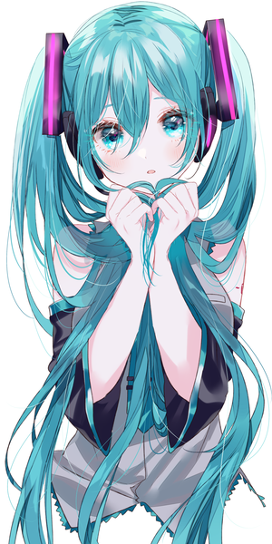 Anime picture 1000x2000 with vocaloid hatsune miku sinsihukunokonaka single tall image looking at viewer fringe simple background hair between eyes white background twintails upper body aqua eyes aqua hair holding hair girl detached sleeves headphones