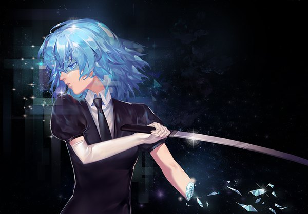 Anime picture 1032x720 with houseki no kuni diamond (houseki no kuni) van (artist) single fringe short hair blue eyes simple background hair between eyes blue hair looking away upper body profile sparkle puffy sleeves black background androgynous gloves weapon sword