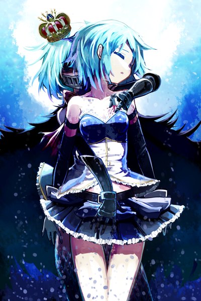 Anime picture 1200x1800 with mahou shoujo madoka magica shaft (studio) miki sayaka oktavia von seckendorff poa tall image short hair blue hair eyes closed parted lips pleated skirt hug frilly skirt hug from behind injury multiple persona spoilers girl skirt gloves