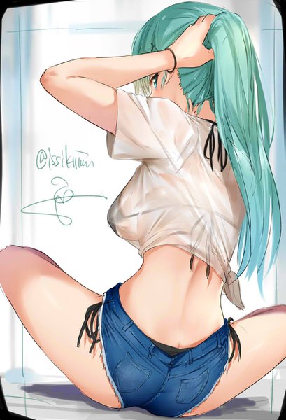 Anime picture 900x1320 with kantai collection suzuya heavy cruiser isshiki (ffmania7) single long hair tall image looking at viewer fringe breasts light erotic large breasts sitting signed bent knee (knees) ass ponytail looking back aqua eyes from behind aqua hair