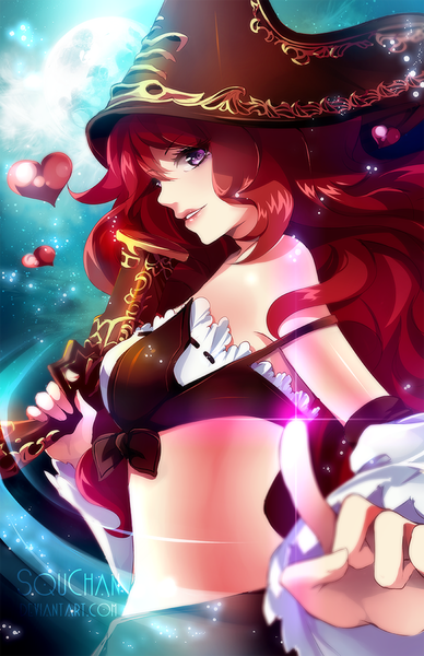 Anime picture 776x1200 with league of legends miss fortune (league of legends) squchan single long hair tall image looking at viewer fringe light erotic smile bare shoulders holding purple hair red hair profile light smile lips midriff glow pirate