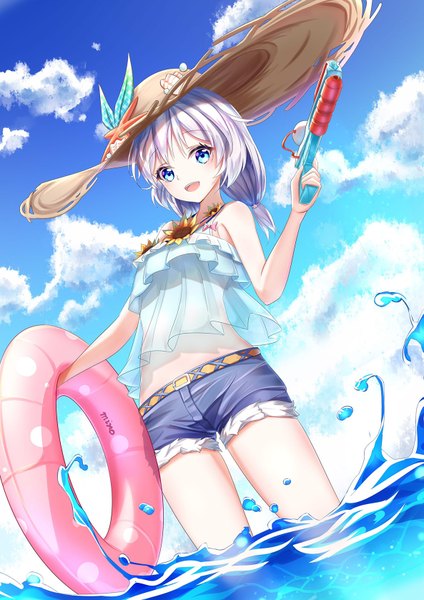 Anime picture 1185x1676 with honkai impact 3rd benghuai xueyuan honkai (series) theresa apocalypse minoominoomi single long hair tall image looking at viewer blush fringe open mouth blue eyes smile standing twintails bare shoulders holding signed sky