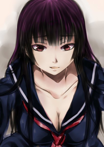 Anime picture 644x910 with tasogare otome x amnesia silver link kanoe yuuko kanden sky single long hair tall image fringe breasts open mouth light erotic red eyes large breasts cleavage purple hair from above girl uniform serafuku