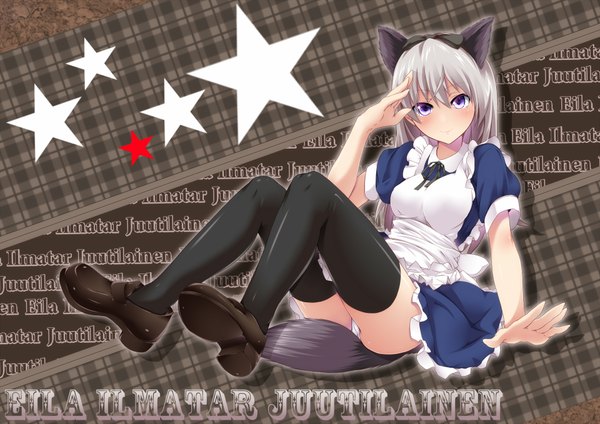 Anime picture 1920x1357 with strike witches eila ilmatar juutilainen ashuku long hair looking at viewer highres light erotic purple eyes animal ears silver hair animal tail legs pantyshot sitting girl thighhighs dress black thighhighs star (symbol)