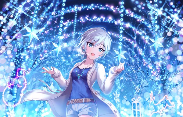 Anime picture 1280x824 with idolmaster idolmaster cinderella girls idolmaster cinderella girls starlight stage anastasia (idolmaster) single looking at viewer short hair open mouth blue eyes white hair official art crystal snow girl plant (plants) earrings tree (trees) jacket shorts star (symbol) pendant