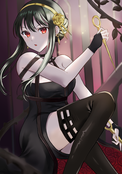 Anime picture 1513x2150 with spy x family yor briar kokona29 single long hair tall image looking at viewer blush fringe breasts open mouth light erotic black hair red eyes large breasts holding bent knee (knees) arm up turning head pale skin