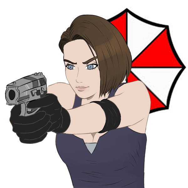 Anime picture 3000x3000 with resident evil resident evil 3 jill valentine palmito single highres short hair blue eyes simple background brown hair white background holding looking away upper body eyebrows girl gloves weapon black gloves gun