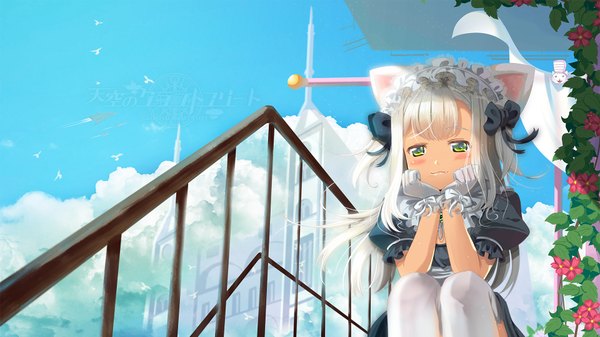 Anime picture 1920x1080 with tenkuu no craft fleet shirokuna (tenkuu no craft fleet) lizi (artist) single long hair looking at viewer blush fringe highres smile wide image green eyes animal ears payot sky cloud (clouds) outdoors white hair wind cat ears