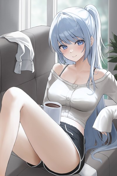 Anime picture 1000x1500 with original hini ni single long hair tall image looking at viewer blush fringe breasts blue eyes light erotic smile sitting bare shoulders holding payot blue hair cleavage bent knee (knees) indoors