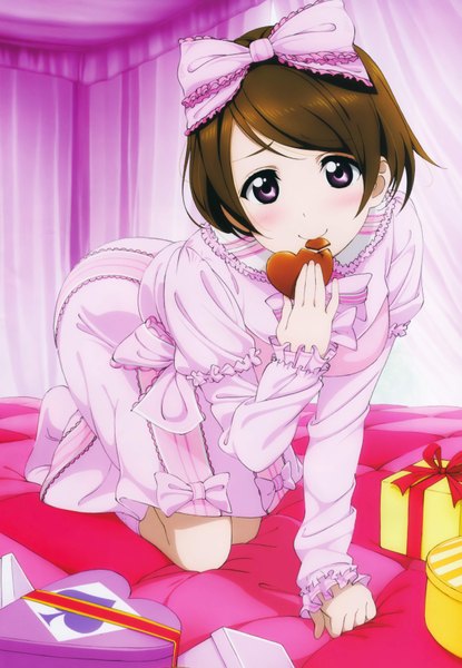 Anime picture 4805x6951 with love live! school idol project sunrise (studio) love live! koizumi hanayo murota yuuhei single tall image looking at viewer blush highres short hair brown hair purple eyes absurdres scan kneeling valentine girl dress bow