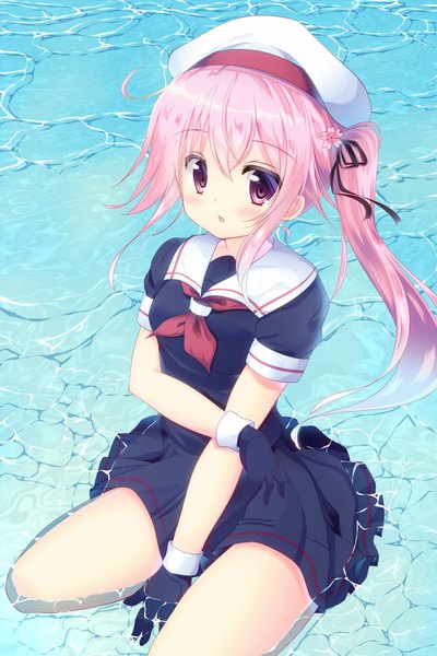 Anime picture 667x1000 with kantai collection harusame destroyer misaki yuu (dstyle) single long hair tall image looking at viewer pink hair pink eyes side ponytail girl skirt gloves black gloves water beret sailor suit