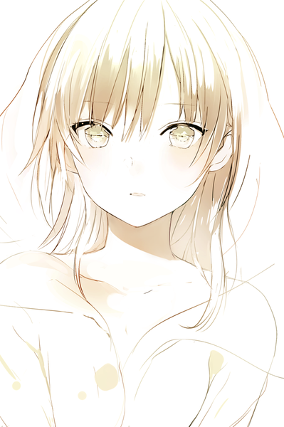 Anime picture 600x902 with original lpip single long hair tall image looking at viewer fringe open mouth blonde hair simple background hair between eyes white background bare shoulders yellow eyes upper body surprised partially colored girl hood