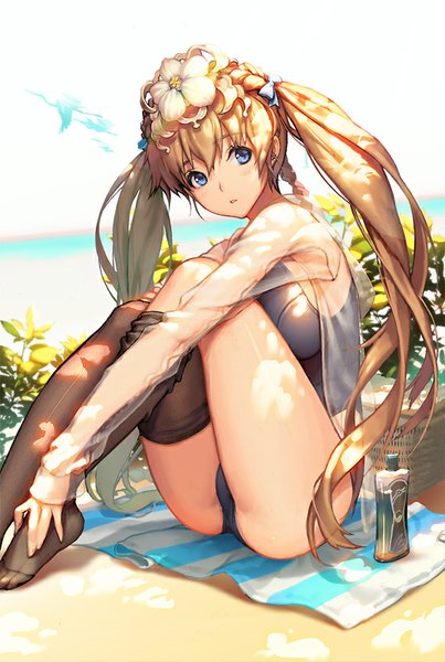 Anime picture 538x800 with million arthur (series) kaku-san-sei million arthur original square enix chunhyang kkuem single long hair tall image looking at viewer blush fringe breasts blue eyes light erotic brown hair large breasts sitting twintails sky