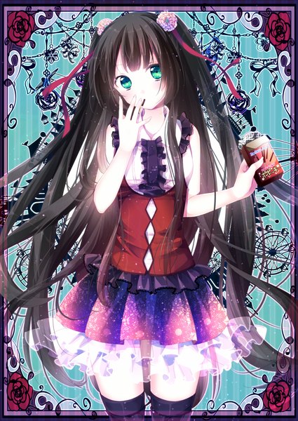 Anime picture 1200x1694 with original riichu single long hair tall image black hair green eyes zettai ryouiki girl thighhighs dress ribbon (ribbons) black thighhighs hair ribbon sweets pocky