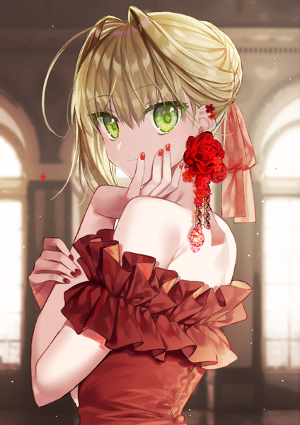 Anime picture 1034x1462 with fate (series) fate/extra nero claudius (fate) (all) nero claudius (fate) gambe single tall image looking at viewer fringe short hair blonde hair hair between eyes bare shoulders green eyes upper body ahoge indoors braid (braids) nail polish looking back