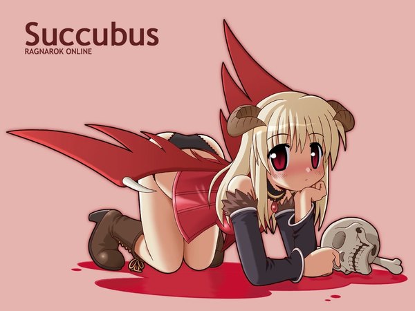 Anime picture 1024x768 with ragnarok online succubus (ragnarok online) single long hair looking at viewer blush light erotic blonde hair red eyes horn (horns) demon girl on all fours demon wings bent over frilled panties succubus skull and crossbones girl detached sleeves wings