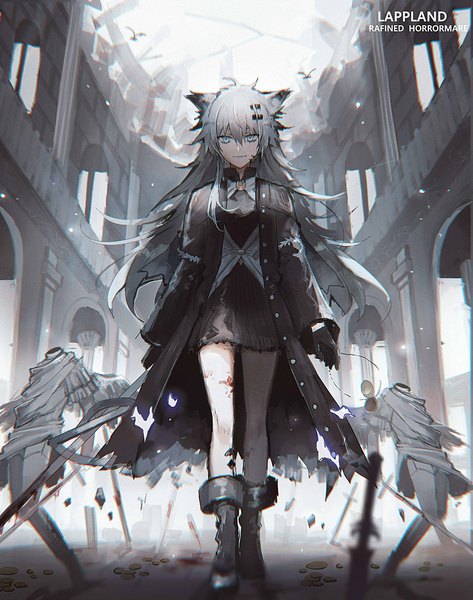 Anime picture 900x1142 with arknights lappland (arknights) lappland (refined horrormare) (arknights) lococo:p single long hair tall image looking at viewer fringe smile hair between eyes holding animal ears payot silver hair full body ahoge long sleeves blurry open clothes