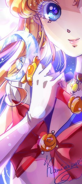 Anime picture 404x900 with bishoujo senshi sailor moon toei animation tsukino usagi sailor moon kaminary single long hair tall image looking at viewer blue eyes blonde hair smile holding close-up crescent gloves bow earrings choker elbow gloves