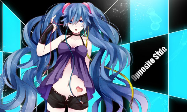 Anime picture 1000x600 with vocaloid hatsune miku ichinose (sorario) open mouth wide image twintails very long hair aqua eyes aqua hair girl navel hair ornament shorts heart wire (wires)