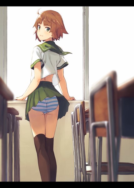 Anime picture 650x909 with original kinta (distortion) single tall image looking at viewer fringe short hair light erotic smile brown hair standing green eyes ahoge ass indoors blunt bangs pleated skirt looking back wind from behind