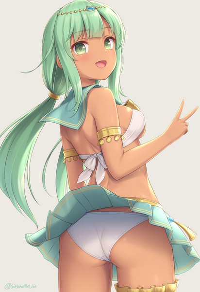 Anime picture 770x1120 with original sasaame single long hair tall image looking at viewer fringe open mouth light erotic simple background smile standing twintails green eyes payot ass blunt bangs :d pleated skirt looking back