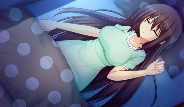 Anime picture 1024x600 with sperman single long hair black hair wide image game cg lying eyes closed girl pajamas