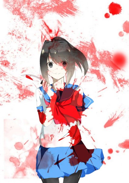 Anime picture 3513x4969 with yandere simulator yandere-chan shangziyxy single tall image looking at viewer fringe highres short hair black hair simple background smile standing white background holding payot absurdres ponytail wind black eyes