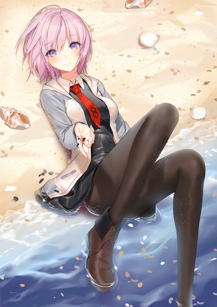 Anime picture 827x1169 with fate (series) fate/grand order mash kyrielight lloule single tall image looking at viewer blush fringe short hair smile hair between eyes purple eyes pink hair bent knee (knees) outdoors lying long sleeves arm up open jacket