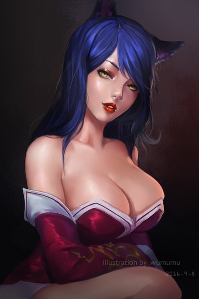 Anime picture 2000x3000 with league of legends ahri (league of legends) xiamu weiba single long hair tall image looking at viewer fringe highres breasts light erotic large breasts sitting bare shoulders signed animal ears yellow eyes blue hair cleavage bent knee (knees)