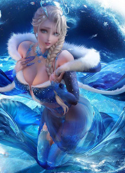 Anime picture 2600x3600 with frozen (disney) disney elsa (frozen) sakimichan single long hair tall image looking at viewer fringe highres breasts blue eyes light erotic blonde hair large breasts bare shoulders cleavage braid (braids) parted lips fingernails