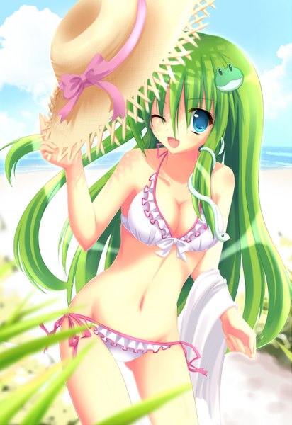 Anime picture 2031x2952 with touhou kochiya sanae angel koman single long hair tall image looking at viewer highres open mouth blue eyes light erotic bare shoulders holding absurdres cleavage cloud (clouds) one eye closed green hair wink beach