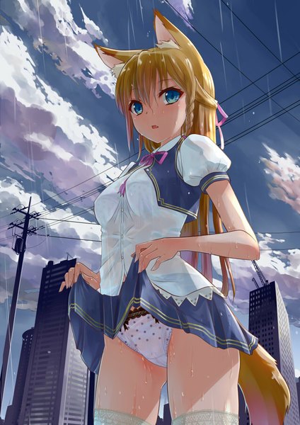 Anime picture 636x900 with original kakuyuki single long hair tall image blush fringe open mouth blue eyes light erotic blonde hair standing animal ears sky cloud (clouds) tail braid (braids) animal tail pleated skirt sunlight