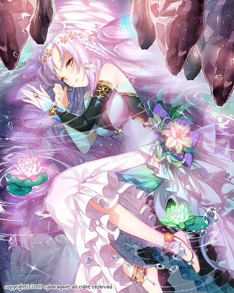 Anime picture 1000x1250 with tenkuu no crystalia roh nam kyung single tall image looking at viewer fringe breasts large breasts bare shoulders yellow eyes pink hair bent knee (knees) lying braid (braids) long sleeves very long hair parted lips barefoot from above no shoes