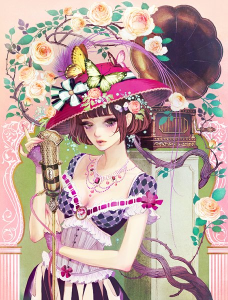 Anime picture 850x1118 with original matsuo hiromi single tall image looking at viewer blush short hair open mouth brown hair cleavage nail polish hair flower lips black eyes girl dress gloves hair ornament flower (flowers) bow